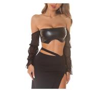Koucla Off Shoulder Leder Look Carmen Crop Top Kunstleder Bustier Partytop mit Chiffon Ärmel Langarm One Size (Einheitsgröße)