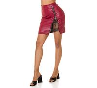 Koucla Rock Lederlook Leder- Kunstleder Optik High Waist Minirock mit Schlitz und Spitze (Bordeaux, L)