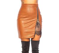 Koucla Rock Lederlook Leder- Kunstleder Optik High Waist Minirock mit Schlitz und Spitze (Braun, M)
