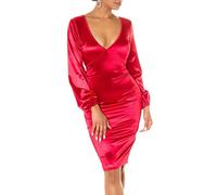 Koucla Rückenfrei Satin Look V-Neck Midi Cocktail Kleid mit Deko Schleife M