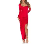 Koucla Satin Look Damen Maxikleid Langarm Kleid Abendkleid Cocktailkleid mit Beinschlitz One Size (Einheitsgröße)