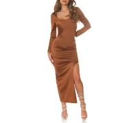 Koucla Satin Look Damen Maxikleid Langarm Kleid Abendkleid Cocktailkleid mit Beinschlitz One Size (Einheitsgröße)