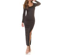 Koucla Satin Look Damen Maxikleid Langarm Kleid Abendkleid Cocktailkleid mit Beinschlitz One Size (Einheitsgröße)