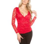 Koucla Sexy Spitzen Langarmbluse Wickeloptik, Farbe:Rot, Größe:XS/S
