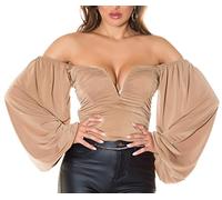 Koucla Silvester Off Shoulder Langarm Shirt mit V-Cut und Raffungen S, Cappuccino