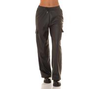 Koucla Stylische Kunstleder Cargo Hose: Gerader Schnitt, High Waist Jogger im Leder Look mit praktischen Klappen Taschen M/L