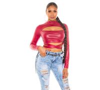 Koucla Top Wetlook Crop Top Shirt zum Binden Bauchfrei Langarm mit Einblick (Bordeaux)