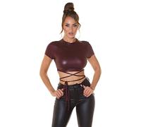 Koucla Top Wetlook Crop Top Tanktop zum Binden Bauchfrei Kurzarm (Bordeaux)