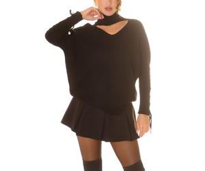 Koucla Turtleneck Jumper Rollkragen Pulli Oversize Rippstrick Pullover Strickpullover mit V-Cutouts Deko Perlen und Ärmel Schnürung One Size (Einheitsgröße)