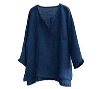 KPPONG Herren Hemd aus Leinen, große Größe, lässig, Langarm, Shirt mit V-Ausschnitt, lässig, bequem, atmungsaktiv, Bluse, Tunika Gr. XL, dunkelblau