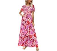 Kranda Damen-Sommerkleid, Rundhalsausschnitt, Flatter, kurze Ärmel, gesmokte Rüschen, gestuftes Blumen-Maxikleid 2024, Rosenrot, Groß