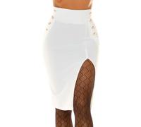 krautwear Damen Bleistiftrock Minirock High Waist Rock mit Schlitz und DekoKnöpfen für Party Club Alltag (Weiss, XL)