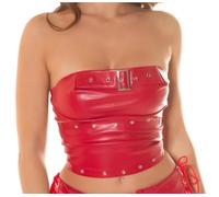 krautwear Damen Kunstleder Bandeau Crop Top Bauchfrei Bandeautop im Lederlook mit Deko Schnalle Ösen und Zipper Reißverschluss (rot, L)