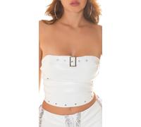 krautwear Damen Kunstleder Bandeau Crop Top Bauchfrei Bandeautop im Lederlook mit Deko Schnalle Ösen und Zipper Reißverschluss (weiß, L)