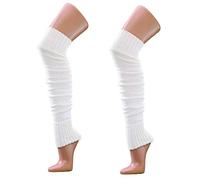 krautwear® Damen Mädchen 2 Paar Beinwärmer Stulpen Legwarmers Overknees gestrickte Strümpfe ca. 70cm 80er Jahre 1980er Jahre schwarz beige rot weiss grau braun (Weiß-2x)