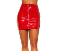 krautwear Damen Minirock im Lederlook mit Reißverschluss und Druckknopf vorne High Waist Wetlook Rock Lack Optik Clubwear (Rot,S)