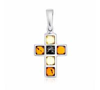 Kreuz Anhänger aus 925 Silber mit Kirsch-, Cognac- und Zitronenbernstein