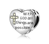 Kreuz Charms 925 Sterling Silber Herz Charm Anhänger für Pandora Europäisches Armband With God All Things Are Possible Religiöse Herz Perlen Schmuck Geschenk für Damen