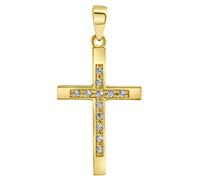 Kreuzanhänger FIRETTI "Schmuck Geschenk Gold 375 Halsschmuck Anhänger Halskette Kreuz", gold (gelbgoldfarben, kristallweiß, kristallweiß), Schmuckanhänger, Damen, Gelbgold 375, 0,75 g, mit Zirkonia (s