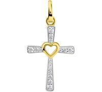Kreuzanhänger FIRETTI "Schmuck Geschenk Gold 375 Halsschmuck Anhänger Kreuz mit Herz", gold (gelbgoldfarben, weißgoldfarbenkristallweiß, kristallweiß), Schmuckanhänger, Damen, Gelbgold 375, 1,3 g, mit