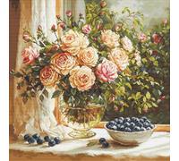 Kreuzstich Stickpackung Gold Collection Vase mit Rosen und Blaubeeren, Zählmuster, 35x35cm