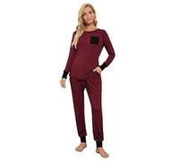 Krisimil Pyjama-Shorts für Damen Langes Set Lounge Baumwolle Nachtwäsche Bequeme Gestreifte Nachtwäsche Weiche Pj Lounge Sets Mit Taschen(XL,Rot)