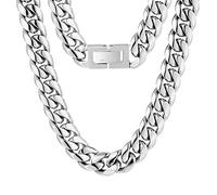KRKC&CO Herren Panzerkette 14mm, Edelstahl Cuban Link Chain Silberkette, Miami kubanische Gliederkette für Männer, Silber Halskette Hip Hop Halskette für Jungen Größe 55,9cm