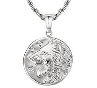 KRKC&CO Löwe Kette Herren Münze Sternzeichen Anhänger Silberkette, 2,5mm 55,9cm Kordelkette Kettenanhänger Silber, Edelstahl Medaillon Halskette, Geburtstag Geschenk für Männer Jungen Freund