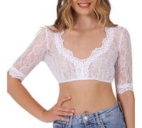Krüger Dirndlbluse Damen aus Spitze | Elastische Dirndl-Bluse mit V-Ausschnitt | Spitzendirndlbluse halbarm weiß 44