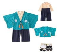 KRUIHAN Kimono Baby Jungen Türkis - Modisches Japan-Set mit Haori Jacke & Strampler, 2 Paar Socken. Frisches Baumwoll-Outfit im Japan-Style für Alltag, Ausflug & Fotoshooting,Größe 95 (24-36 Monate)