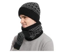 KRUIHAN Mütze Schal Set Herren mit Handschuhe Touchscreen,Strick Fleece Beanie Mütze und Schlauchschal Herren Warme Handschuhe Männer Winter 3-Teiliges Geschenkset für Männer und Jugendlich,Schwarz