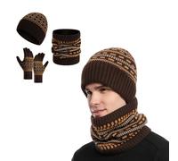 KRUIHAN Mütze Schal Set Herren mit Handschuhe Touchscreen,Strick Fleece Beanie Mütze und Schlauchschal Herren Warme Handschuhe Männer Winter 3-Teiliges Geschenkset für Männer und Jugendlich,Braun
