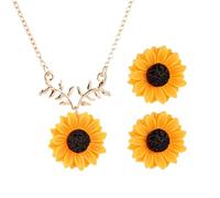 KRYMSON 1 Paar Sonnenblumenohrringe, 1 Halskette, einfache Ohrringe, Damen-Sonnenblumenohrringe, Harzohrringe, geeignet für Geschenke und tägliches Matching