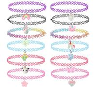 KSJEHW 12 Stück Choker Halskette Set für Kinder Teenager Mädchen Frauen, Anhänger Charme Einhorn Regenbogen Panda Katze Herz Blume Meerjungfrau Chokers Henna Tattoo Stretch elastisch
