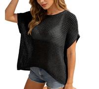 Kswlwccpp Häkel Oberteil Damen, Häkelpullover Damen - Boho Häkeltop Sommer Lochmuster Netzpullover Schulterfreier Locker Cover Up Netzoberteil Sandstrand Kurzarm Stricktop