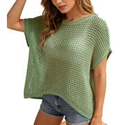 Kswlwccpp Häkeloberteile Damen Sommer, Häkelpullover Damen - Boho Häkeltop Sommer Lochmuster Netzpullover Schulterfreier Locker Cover Up Netzoberteil Sandstrand Kurzarm Stricktop