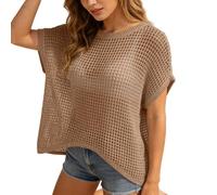 Kswlwccpp Häkelpullover Damen - Boho Häkeltop Sommer Lochmuster Netzpullover Schulterfreier Locker Cover Up Netzoberteil Sandstrand Kurzarm Stricktop