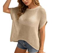 Kswlwccpp Häkeltop Damen Boho, Häkelpullover Damen - Boho Häkeltop Sommer Lochmuster Netzpullover Schulterfreier Locker Cover Up Netzoberteil Sandstrand Kurzarm Stricktop
