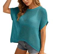 Kswlwccpp Häkeltop Damen Boho, Häkelpullover Damen - Boho Häkeltop Sommer Lochmuster Netzpullover Schulterfreier Locker Cover Up Netzoberteil Sandstrand Kurzarm Stricktop