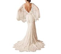 Ksyfinmag Boho Brautkleider für Braut Spitze Meerjungfrau Brautkleid V Ausschnitt Cape Sleeve Strand Bohemian Vintage Brautkleid, Elfenbein, 34