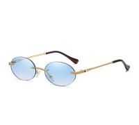 KTUCN Retro-Sonnenbrille, oval, randlos, Herren, blau verspiegelt, goldfarbenes Metall, runde, rahmenlose Damenbrille