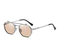 KTUCN Vintage Steampunk Flip Sonnenbrille, Retro-Polygon-Metall-Sonnenbrille für Damen und Herren, Silber