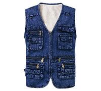 KTWOLEN Herren Denim Weste mit Fleece Gefüttert Outdoor Fleece-Weste Winter Motorradweste Jeansweste Dickes Warm Ärmellos Jeans Jacke mit Multi-Taschen, Blau, XXL
