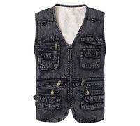 KTWOLEN Herren Denim Weste mit Fleece Gefüttert Outdoor Fleece-Weste Winter Motorradweste Jeansweste Dickes Warm Ärmellos Jeans Jacke mit Multi-Taschen