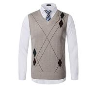 KTWOLEN Herren Pullunder V-Ausschnitt Kariert Pullover Weste Slim Fit Strickweste Winter Wollweste Freizeit Business Ärmellose Strickpullover, A-Khaki, L