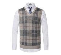 KTWOLEN Herren Pullunder V-Ausschnitt Kariert Pullover Weste Slim Fit Strickweste Winter Wollweste Freizeit Business Ärmellose Strickpullover, F-Khaki, XS