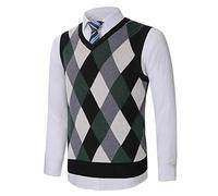 KTWOLEN Herren Pullunder V-Ausschnitt Kariert Pullover Weste Slim Fit Strickweste Winter Wollweste Freizeit Business Ärmellose Strickpullover, C-Grün, XL