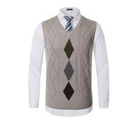 KTWOLEN Herren Pullunder V-Ausschnitt Kariert Pullover Weste Slim Fit Strickweste Winter Wollweste Freizeit Business Ärmellose Strickpullover, B-Khaki, M