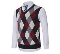 KTWOLEN Herren Pullunder V-Ausschnitt Kariert Pullover Weste Slim Fit Strickweste Winter Wollweste Freizeit Business Ärmellose Strickpullover, C-Rot, XS