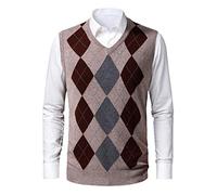 KTWOLEN Herren Pullunder V-Ausschnitt Kariert Pullover Weste Slim Fit Strickweste Winter Wollweste Freizeit Business Ärmellose Strickpullover, H-Khaki, L